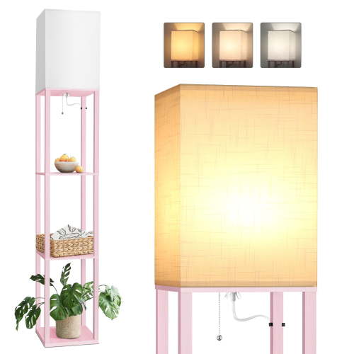 63" Shelf Floor Lamp Modern Pink Standing Lamp with 3 Color Temperature Bulb Lamps for Living Room Bedroom