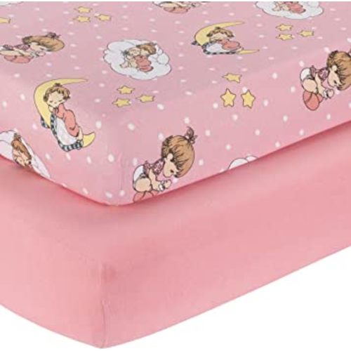 2 Pack Fitted Crib Sheets for Girls in 100% Jersey Knit Cotton – Pink and Yellow Precious Moments Design Plus Solid Pink Girl’s Crib Mattress Sheets by Everyday Kids
