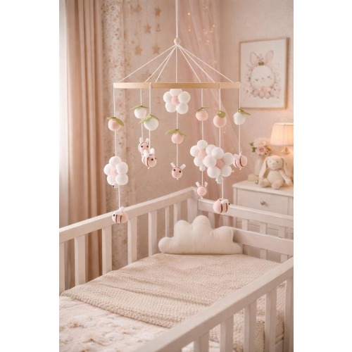Cute Floral Felt Hanging, Flowers Nursery Mobile, Bee Baby Girls Mobile, Pastel Color Crib Mobile, Tender Baby Girl Shower Gift Idea