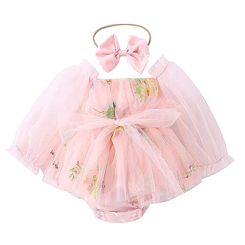 ODASDO Newborn Baby Girl Romper Dress Flower Embroidery Tutu Princess Long Sleeve One-Piece Bodysuit Cake Smash Outfit