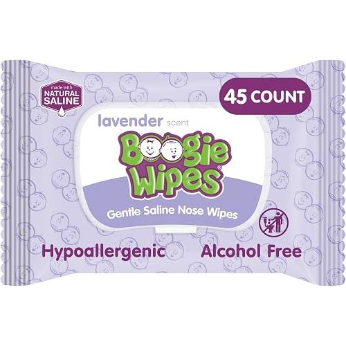 Boogie Wipes Gentle Saline Nose Wipes - 45 Count - Lavender Scent, Hypoallergenic & Alcohol-Free - Allergy Relief - Made with Natural Saline, Aloe, Chamomile & Vitamin E - Diaper Bag Essential