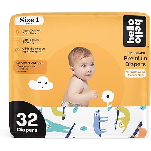 Hello Bello Premium Baby Diapers Size 1, 32 Count of Disposable, Extra-Absorbent, Hypoallergenic Baby Diapers with Snug and Comfort Fit, Sleepy Sloth