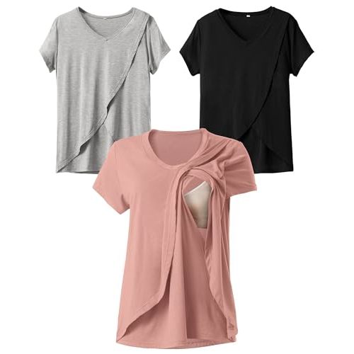 Rnxrbb Summer Nursing Tops Breastfeeding Tshirts Postpartum Clothes Sets | Soft Breathable Stretch Fabric with Short Sleeves,Double-Layer Nursing Access and A-line Fit for Pregnancy and Postpartum