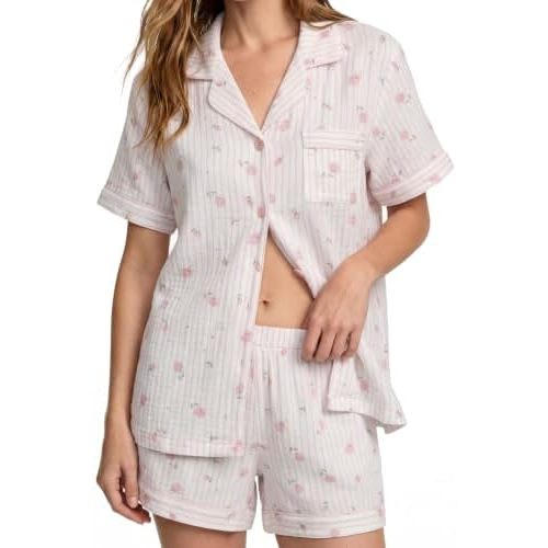 SWOMOG 100% Cotton Pajamas for Women Cute Floral 2 Piece Button Down Sleepwear Set with Shorts