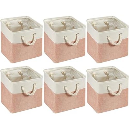 6 Pcs 11 x 11 Inch Cube Storage Bins Fabric Storage Organizer Bins Foldable Cube Baskets with Sturdy Carry Handles Wicker Baskets for Home (Orange Pink and White)