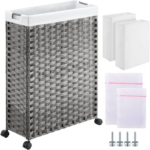 Greenstell Laundry Hamper with Wheels & Handles, 26.4 Gallon (100L) Slim Laundry Basket with 2 Removable Liner Bags & 2 Mesh Bags, Foldable Narrow Clothes Hamper for Bedroom, Bathroom, Closet, Grey