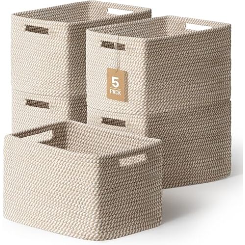 5 Pack Woven Storage Baskets for Shelves, Decorative Basket Organizer Storage Bins for Toys, Books, Clothes, Closet, Nursery, Bathroom – Cotton Rope Shelf Baskets for Organizing and Decor, Khaki
