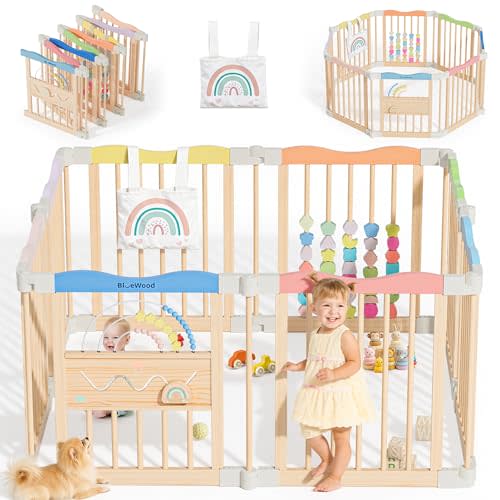 Foldable Wooden Playpen - Adjustable Wood Baby Play Yard Without Door, Indoor Large Safety Fence for Babies and Toddlers - Easy Assembly, 8 Panels, Colorful Dream