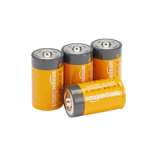 Amazon Basics 4-Pack D Cell Alkaline Batteries, 1.5 Volt, 5-Year Shelf Life, Long-Lasting Power, for Clocks