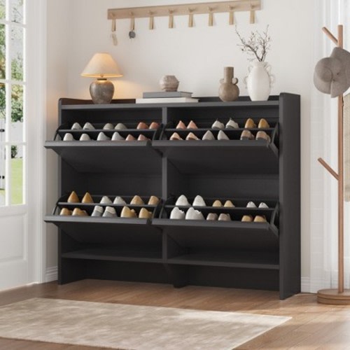 Shoe Cabinet with 4 Flip Drawers, Wooden Shoe Organizer Cabinet with Adjustable Shelf, Shoe Storage for Entryway, Hallway, Living Room, Black