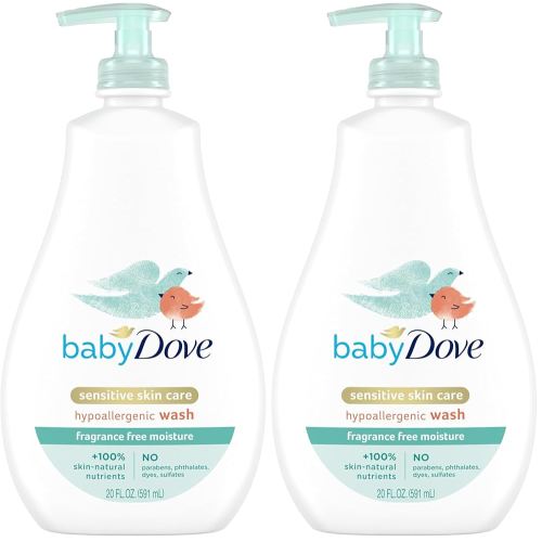 Baby Dove Sensitive Skin Care Baby Wash For Bath Time, Moisture Fragrance Free and Hypoallergenic, Washes Away Bacteria 20 oz (Pack of 2)