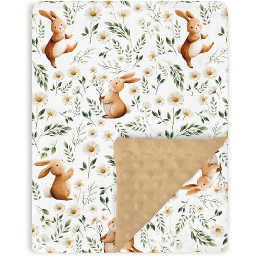 Brown Baby Blankets for Girls 30 x 40, Soft Double Layer Minky Blanket with Dotted Fleece Back, Nursery Bed Receiving Quilt Newborn Infant Toddler Shower Gift Bunny Spring Daisy Flower Theme
