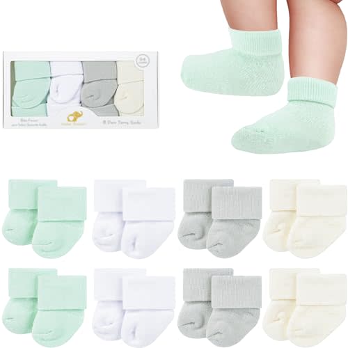 BEBE FAVOUR 8 Pairs Newborn Socks Thick Cotton Terry Turn Cuff Baby Socks 0-6 Months Cute Gifts for Preemie Infant Girl Boy