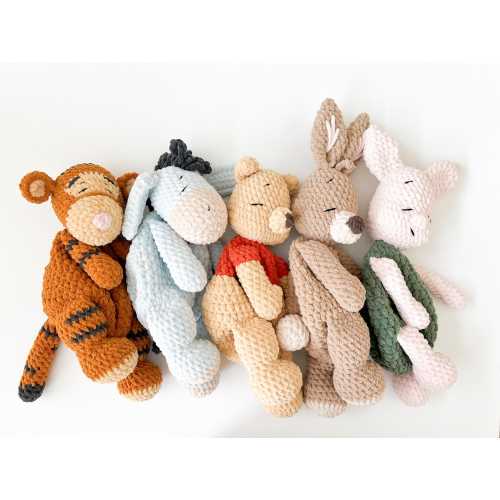 Large Vintage Winnie the Pooh lovey, crochet snuggler, Pooh, Tigger, Eyeore, Rabbit, Piglet, baby gift, nursery decor, 100acre wood