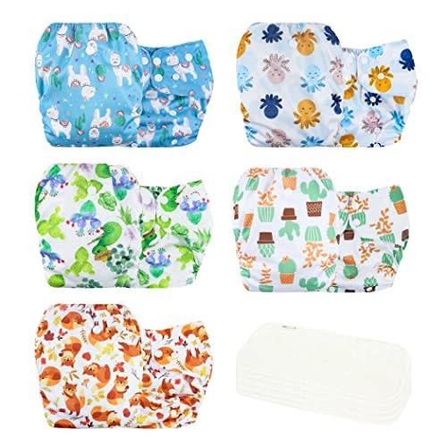 wegreeco Cloth Diapers 5 Pack with 5 Inserts, Washable Cloth Diapers for Babies, One Size Adjustable Reusable (Fresh Animal)