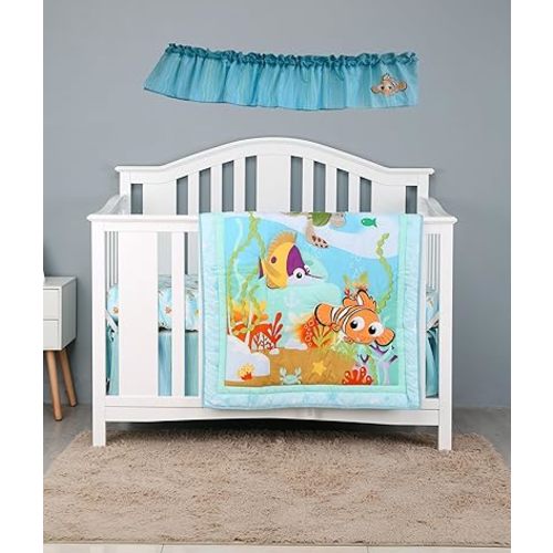 Ocean Nursery Crib Bedding Set for Boys -Baby Boy Turtle Fish Underwater Cot Bedding Set Quilt/Fitted Sheet/Skirt/Window Valance