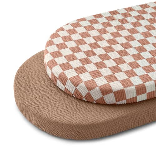 Blissful Diary Muslin Bassinet Sheets for Baby Girls Boys, Boho Soft Cotton Fitted for Oval Hourglass Rectangle Mattress, 2 Pack(Brown Checkboard & Brown)