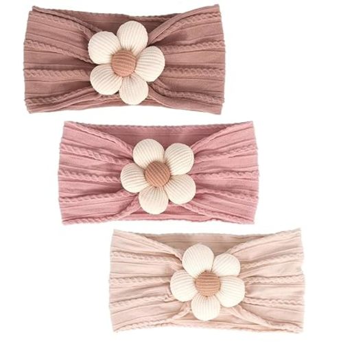 MIUXUESO 3 Pcs Baby Flower Headbands Baby Girls Nylon Headband Soft Hairbands Hair Accessories for Newborn Infant Toddler Kids (Beige Pink Khaki)