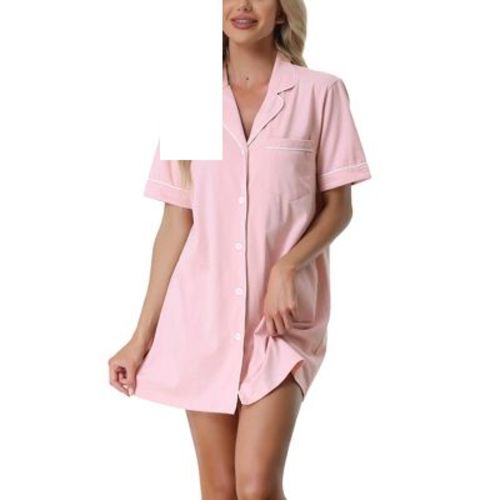 cheibear Women's Notched Collar Button Down Pajama Shirt Dress with Pocket