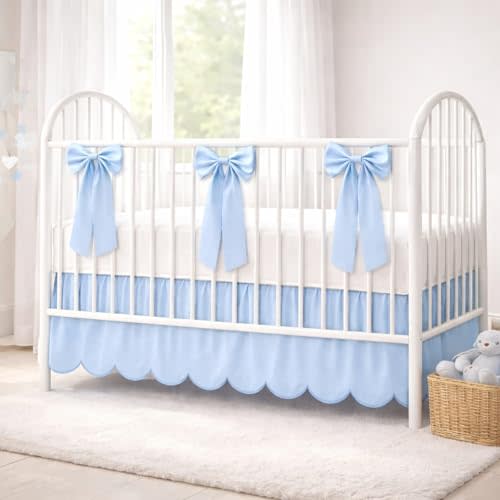 Hahafelt Blue Scalloped Crib Bed Skirt with 6 Large Bow, 28" x 52" with 14" Drop, 4 Sided Soft Crib Skirt Dust Ruffle for Baby Boys & Girls, Elegant Farmhouse Boho Chic Nursery Decor