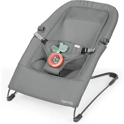 Ingenuity Stow & Go Compact Folding Baby Bouncer, Lightweight Portable Seat with Vibration, Grey, Under 5 lbs