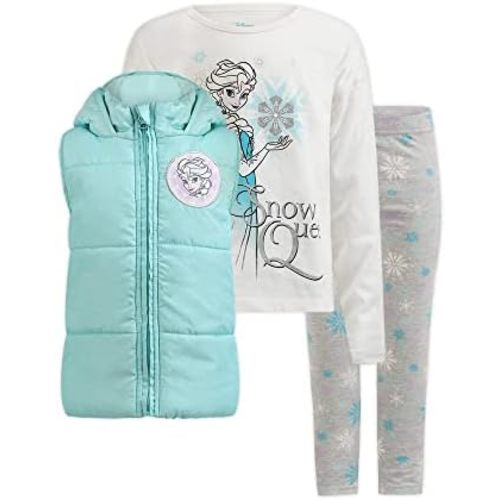 Disney Frozen Elsa Girls Long Sleeve Shirt, Vest and Legging Pants Set for Toddler and Little Kids