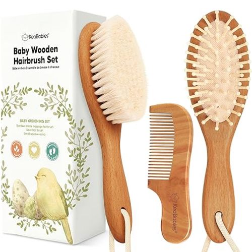 Baby Hair Brush Set for Newborns - Soft Goat Bristle Wooden Baby Brush and Comb Set Newborn Grooming Kit for Cradle Cap, Durable & Gentle, Boy, Girl Infant Essentials Care Kit (Oval, Golden Oak)