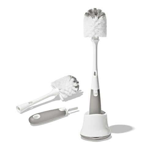 OXO Tot Baby Bottle Brush with Nipple Cleaner and Stand, Gray 2-Pack | Newborn-Ready Bottle Brush Set, Nipple Cleaner Included, Stand Keeps Counter Dry, Soft Bristles, 2-Pack