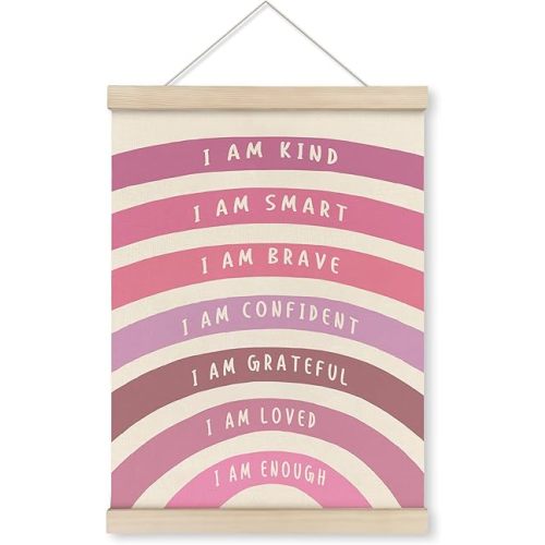 HRQKO Pink I Am Kind Smart Poster Hanger Frame, Boho Rainbow Classroom Wall Art with Wooden Frames, Positive Affirmation Hanging Wall Decor for Nursery Girls Room, Mental Health Decor,12x16 inch
