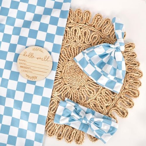 TANOFAR 4-Pack Newborn Swaddle Blanket for Baby Girls & Boys, Ultra Soft Receiving Blankets with Matching Headband and Beanie Set Baby Nursery Swaddle Wrap (Blue Checkerboard)