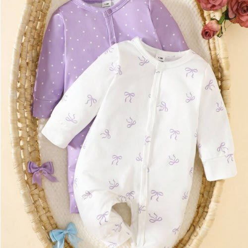 SHEIN 2pcs Newborn Baby Girl Autumn Outfit, Comfortable & Cute Bow Pattern Long Sleeve Jumpsuit Set, Suitable For Any Occasion Fall Winter | SHEIN USA