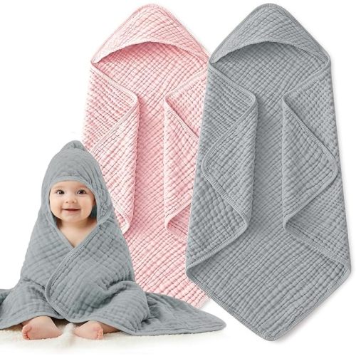 Hooded Baby Bath Towels for Newborn, 2 Pack - 6-Layer 100% Muslin Cotton, Soft Absorbent Baby Towels with Hood for Babies, Infants & Toddlers, Large 32x32 Inch Unisex Newborn Baby Bath Essentials