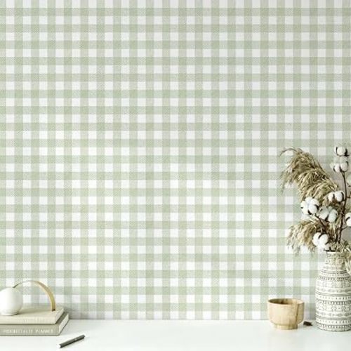 Heroad Green Peel and Stick Wallpaper Gingham Checkered Contact Paper Boho
