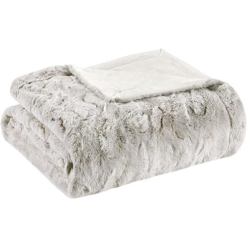 Madison Park Zuri 50x60 Snow Leopard Faux Fur Reversible Throw Blanket