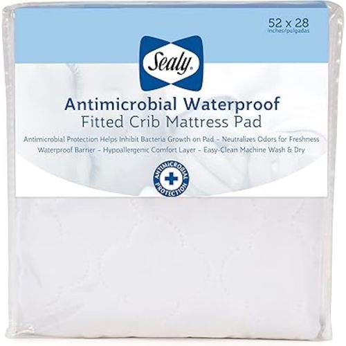 Sealy Baby Antimicrobial Fitted Waterproof Infant Crib Mattress Protector Pad and Toddler Bed Cover, Designed to Neutralize Odors, Machine Washable and Dryer Friendly, 52” x 28”- White