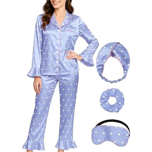 EPLAZA Silk Pajamas for Women Satin Pajamas Set 5 Pcs Long Sleeve Ruffle Button Down Pjs Sleepwear Loungewear Set