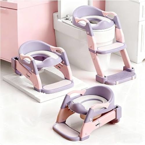 Snugzy Toddler Potty Training Seat 3-in-1 Foldable Potty Training Toilet with Step Stool Adjustable Potty Chair with Urinals (Pink Purple)