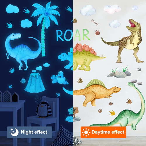 Glow in The Dark Dinosaur Wall Decals, Glowing Stickers for Ceiling, Boys Bedroom Decoration, Large Luminous Removable Dinosaur Wall Decor for Nursery Birthday Gift