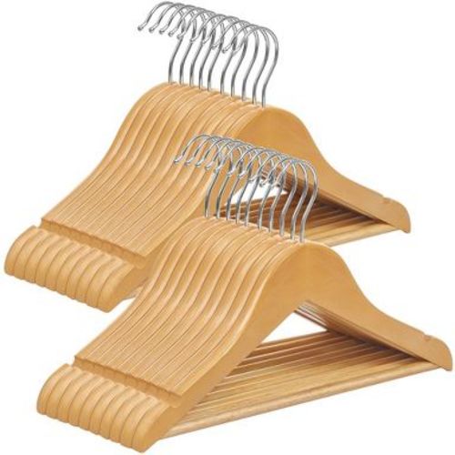 SONGMICS 20 Pack Kids Wooden Hangers Children's Coat Hangers with Pants Bar Swivel Hooks Shoulder Notches Natural and Silver