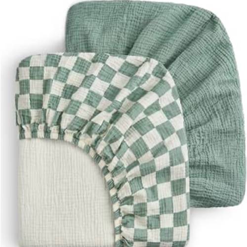 Blissful Diary Muslin Crib Sheets, 2 Pack, Sage Checkboard & Sage Green