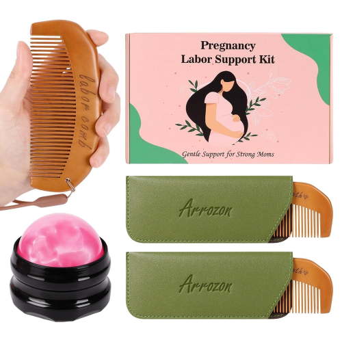 2 Pcs Labor Comb & Massage Roller Ball Kit, Birthing Pregnancy and Hospital Bag Must Haves, PostPartum Home Delivery Essentials, Wooden Birth Comb Pain Relief Baby Shower Gifts for Mom