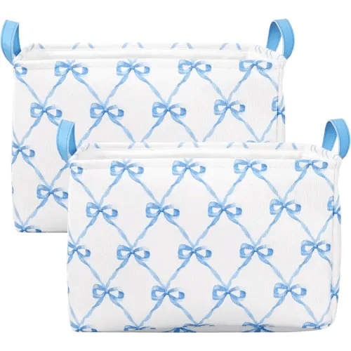2Pcs Blue Bow Storage Basket Blue Storage Bin with Handle Large Fabric Storage Box for Home Office Organizer Decor