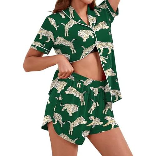 AKEWEI Womens Pajama Sets Button Down Short Sleeve Top and Shorts Sleepwear