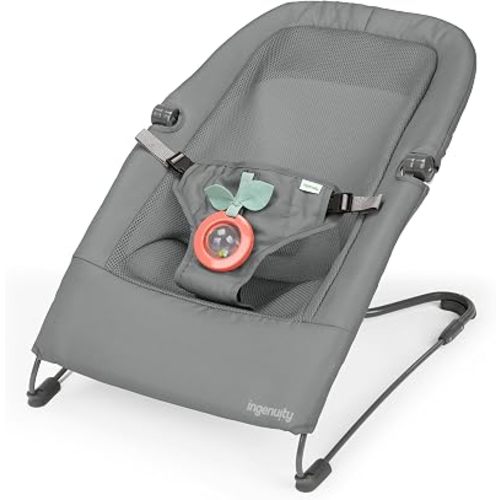 Ingenuity Stow & Go Compact Folding Baby Bouncer, Lightweight Portable Seat with Vibration, Grey, Under 5 lbs