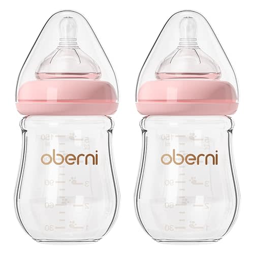 Glass Baby Bottles,Anti Colic Breastfeeding Bottle with Natural Response Nipple Size S,Wide Neck Slow Flow Baby Bottle for Baby,Newborn,Preemie 0-3 0-6 Month,BPA Free (Pink, 2 Pack, 5 Ounce)