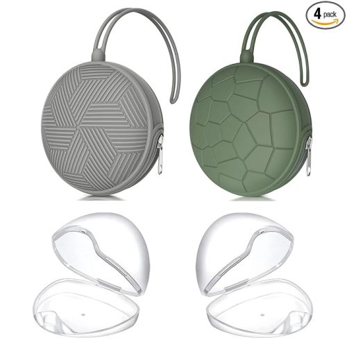 Smlpuame 4 Pack Pacifier Holder Case Set,2 Silicone Portable Pacifier Cover Pouch Bag for Diaper Bags Baby Carriage with 2 Transparent Pacifier Storage Container Box,Easy to Clean,(Green & Grey)