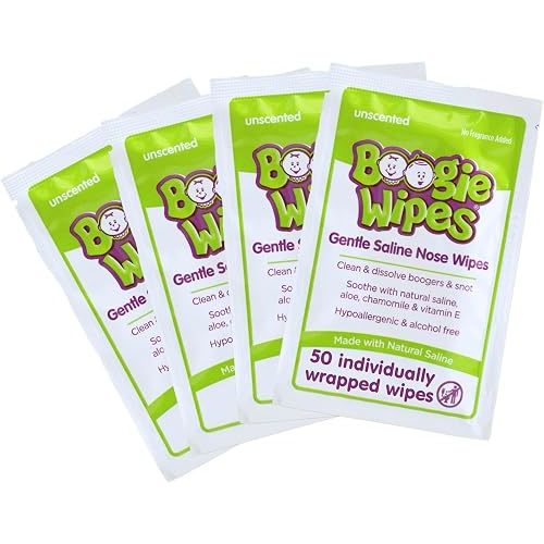 Boogie Wipes Single Packs, Unscented, Wipes Away Dirt and Germs, Natural Saline Tissue with Aloe, Chamomile and Vitamin E, 1 Count, Pack of 50