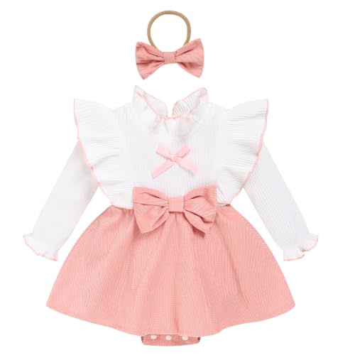 Baby Girls Romper Dress Long Sleeve Ruffle Ribbed Knit Fall‑Winter Bodysuit | 95% Cotton Top, Rolled Collar & Sleeves, 2 Bows & Bow Headband, Newborn, Party, Photoshoot, Baby Shower, Infant Gifts, 0‑18M