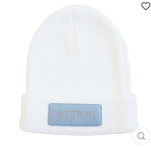 Personalized Leather Patch Beanie - Dusty Blue