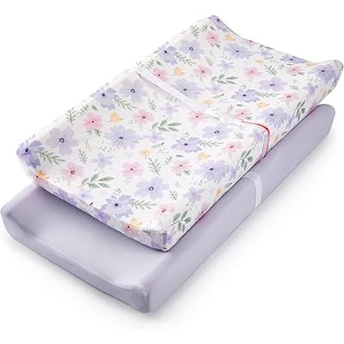 TILLYOU Changing Pad Cover Girl Set in Soft Jersey Material - Fits 32"/34''x16 Contoured Pad for Babies, Brilliant Little Flowers and Purple